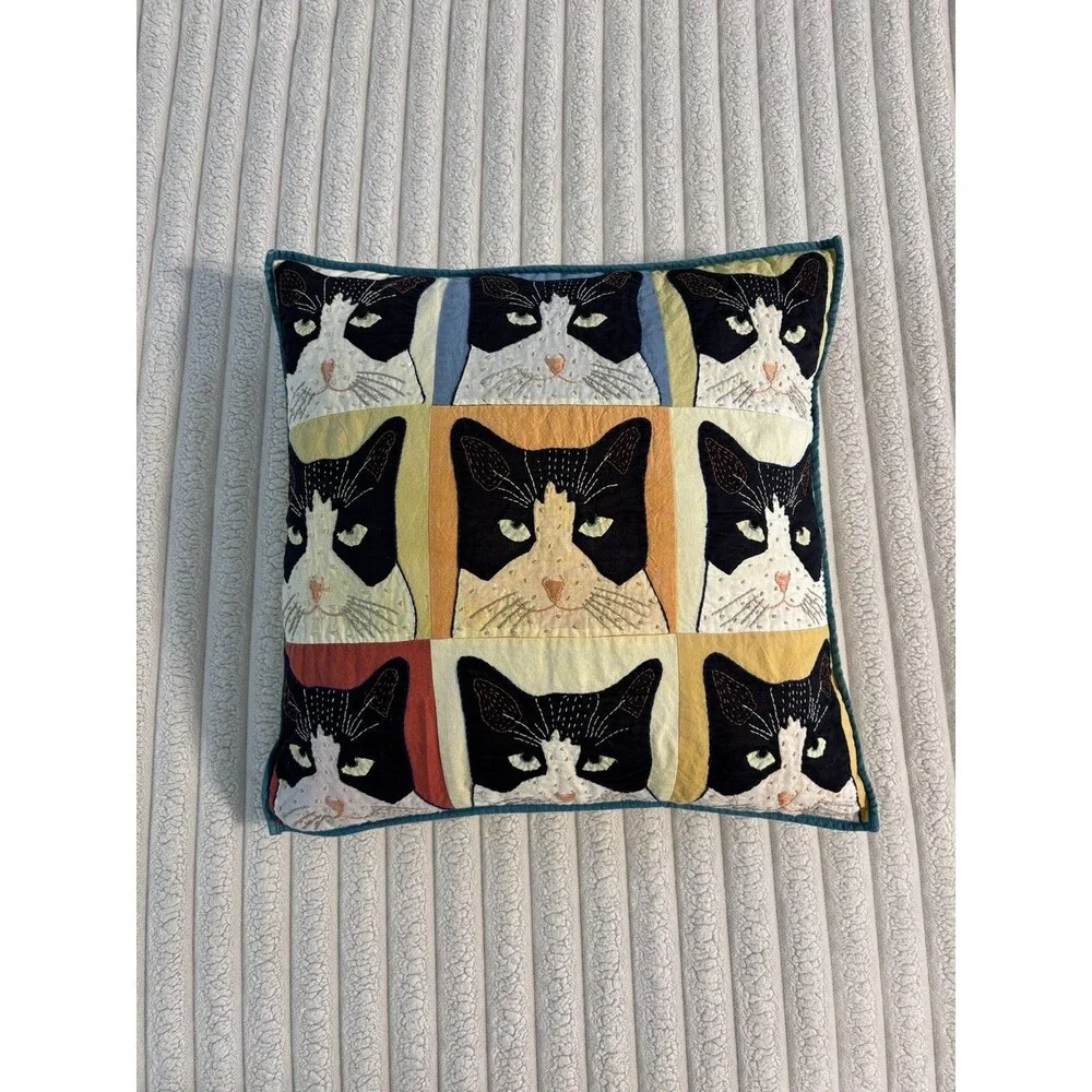 Natural Habitat Nine Lives Tuxedo Cat Embroidered Throw Pillow 18x18” cottage